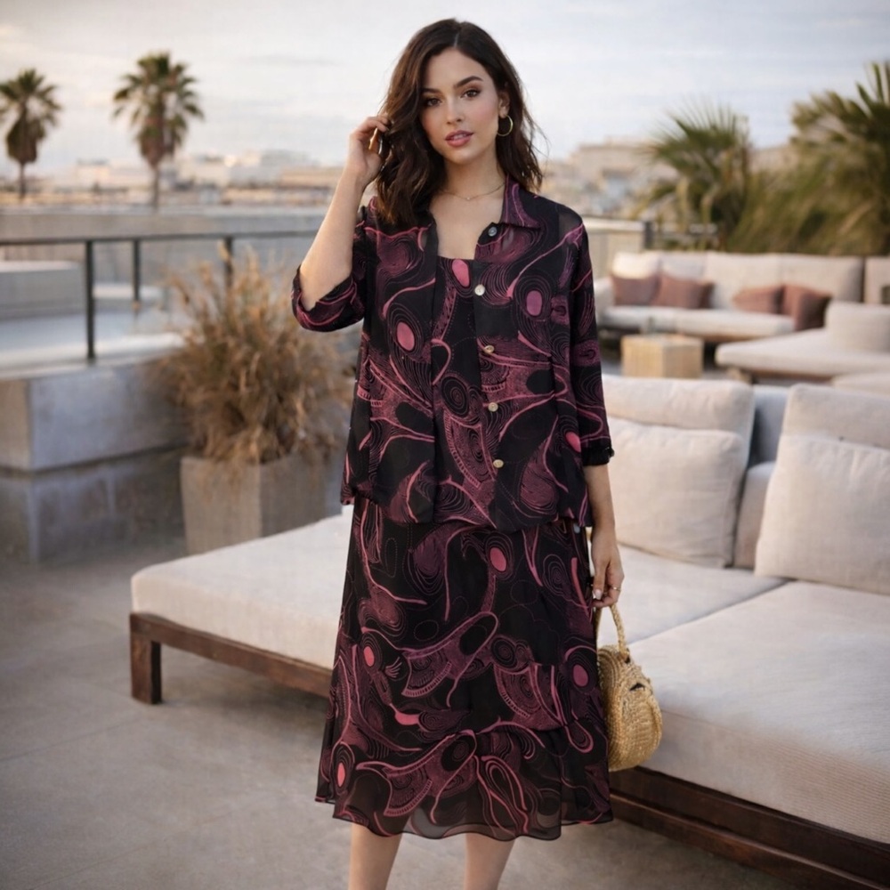 Mary McFadden Abstract Artwear Dress Black Pink Sheer Layered Vintage A1